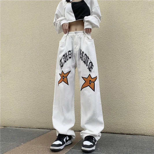 Retro Love Gothic Printed Jeans For Women -  Loose-Fitting Wide-Leg Trousers