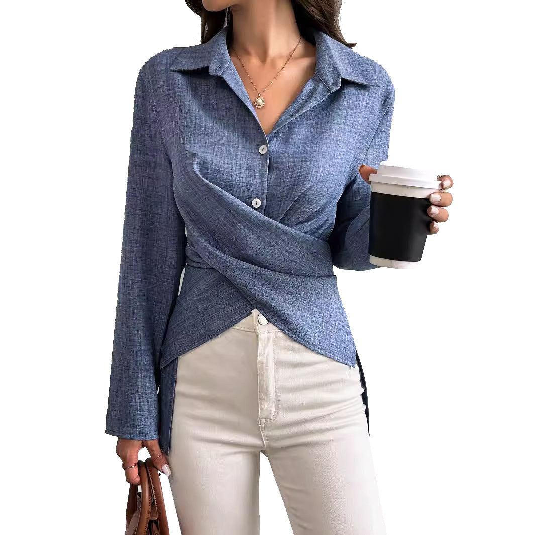 Long-Sleeved Cross-Tied Pleated Top