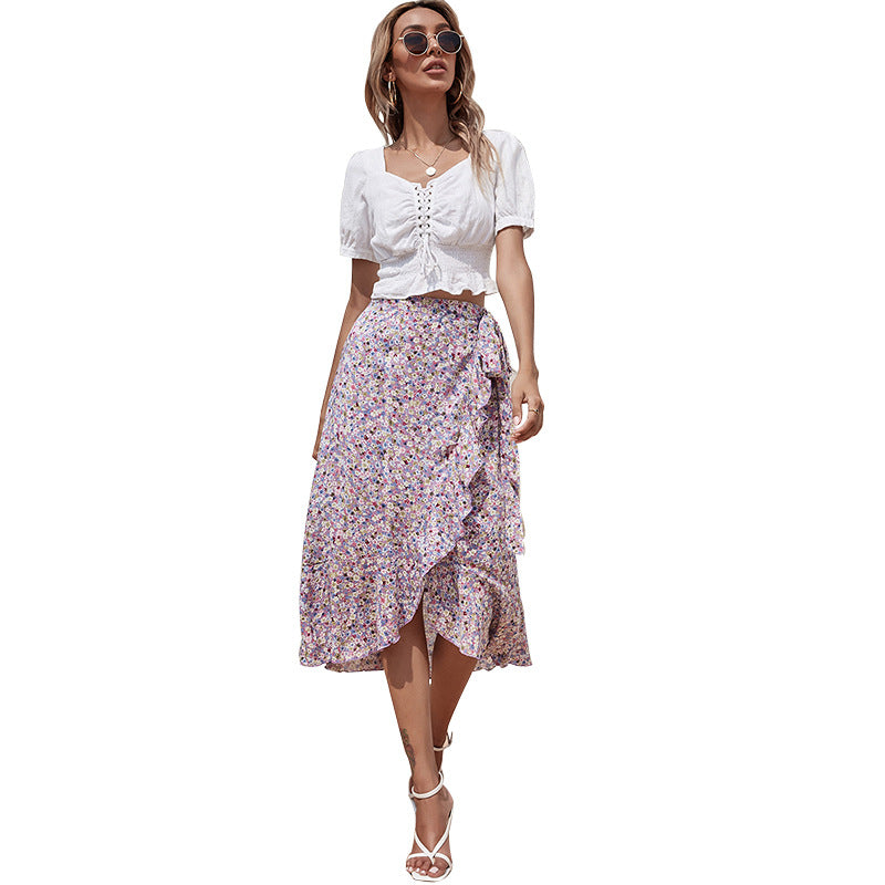 Slim Floral Skirt With Irregular Ruffles And Short