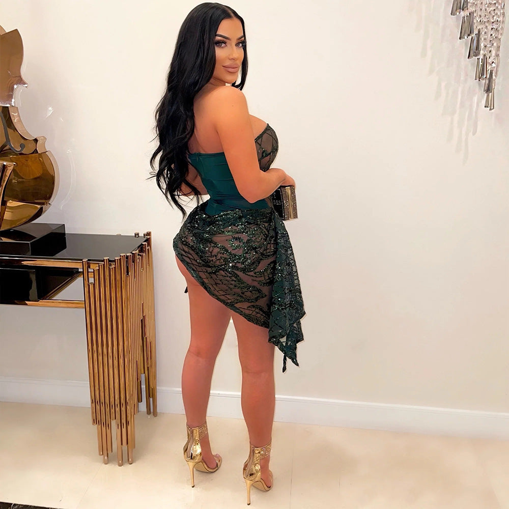 Tube-Top See-Through Sequins Mini Dress