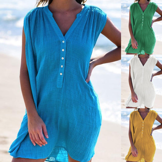 Summer Best Selling Women's Clothes Solid Color Fashion V-neck Buttons Casual Sleeveless Dress