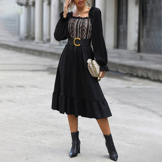 Women's Square-Neck Cinched Midi Dress