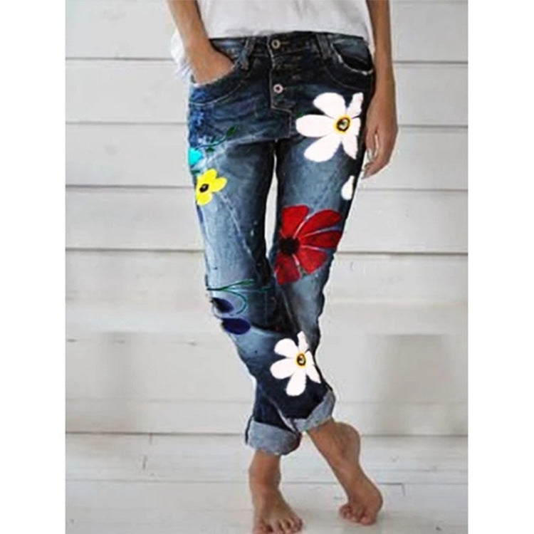 Printed Denim Trousers for Women