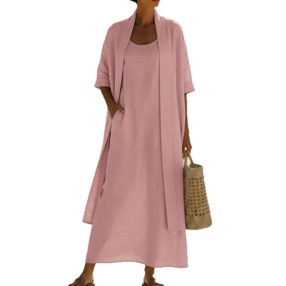 Womens Simple, Loose, Comfortable, Fashionable Cotton-Linen Two-Piece Dress Set