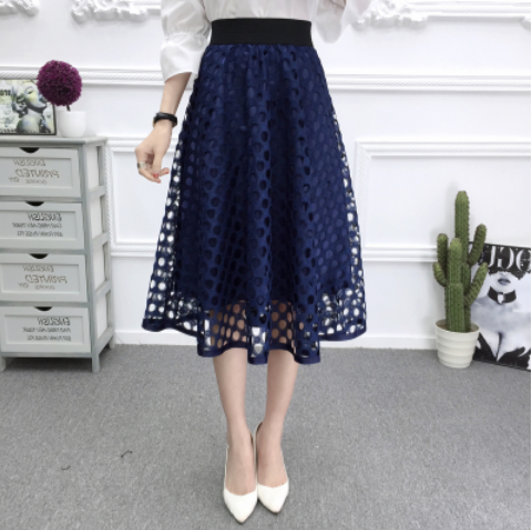 New high waist mesh tutu skirt spring and summer openwork lace skirt female slim A word skirt in the long paragraph large swing skirt