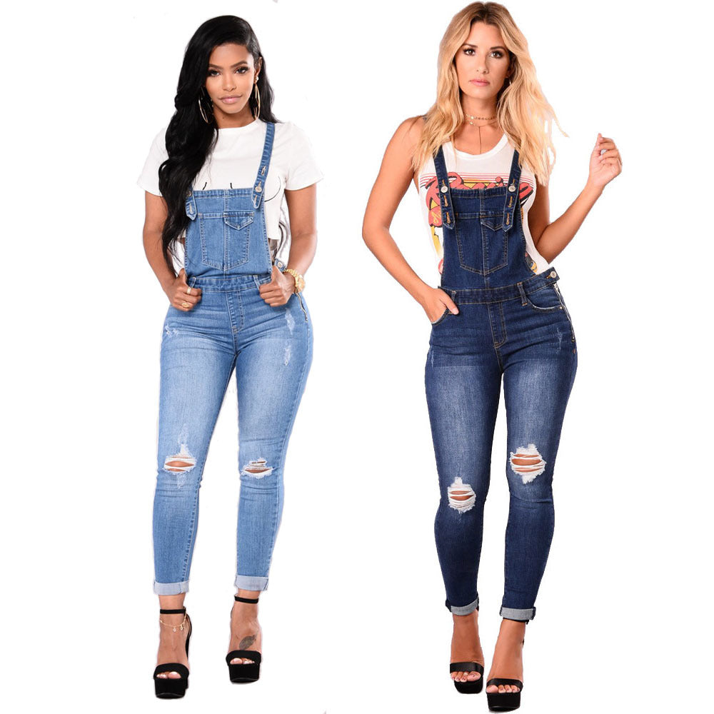 Women's Ripped Denim Suspender Pencil Pants Overalls