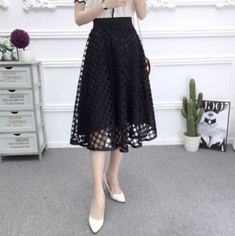 New high waist mesh tutu skirt spring and summer openwork lace skirt female slim A word skirt in the long paragraph large swing skirt