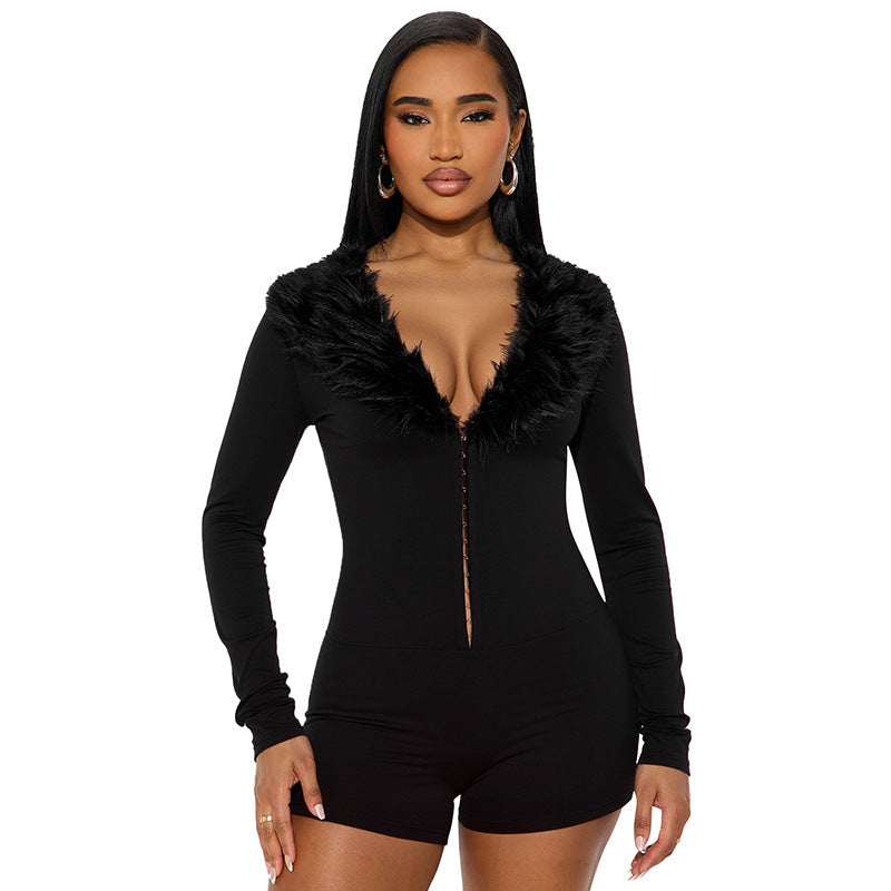 Women's Deep V-Neck Furry Collar Long-Sleeve Jumpsuit