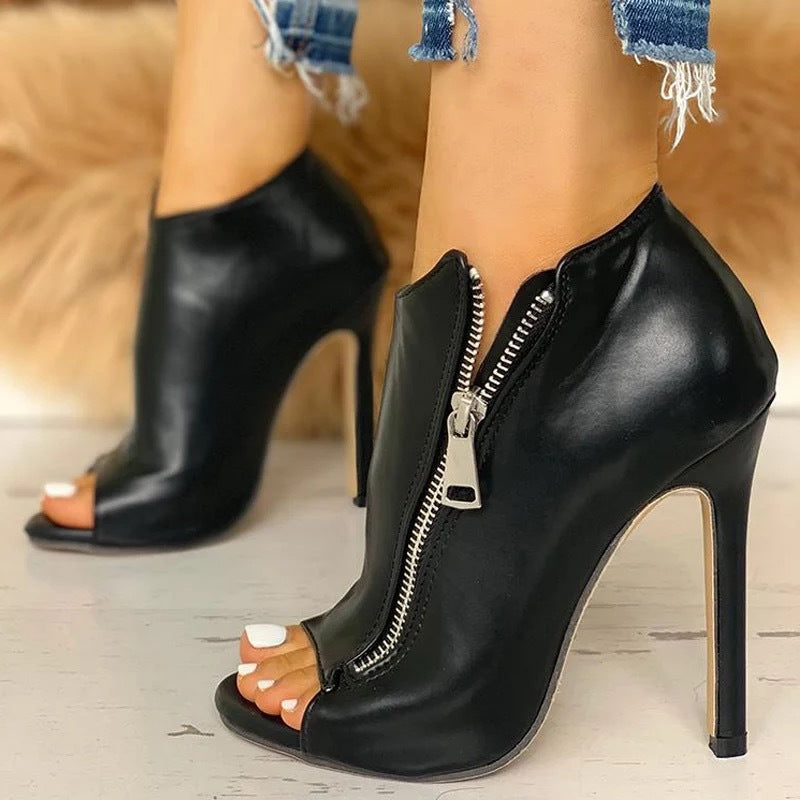 Hollow-Out Fish-Mouth Zipper Stiletto High-Heel Shoes