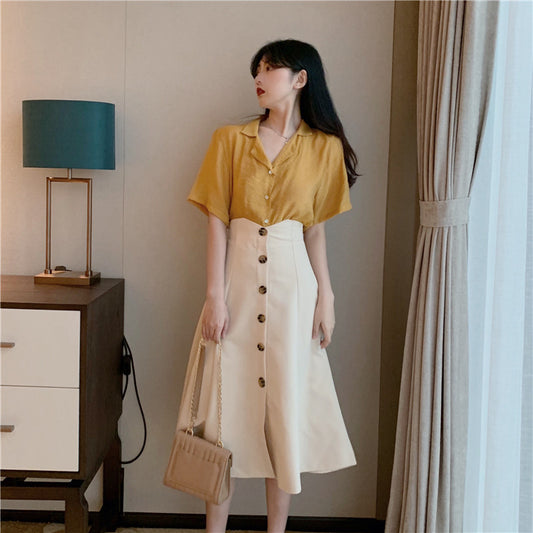 V-neck single-breasted retro umbrella skirt
