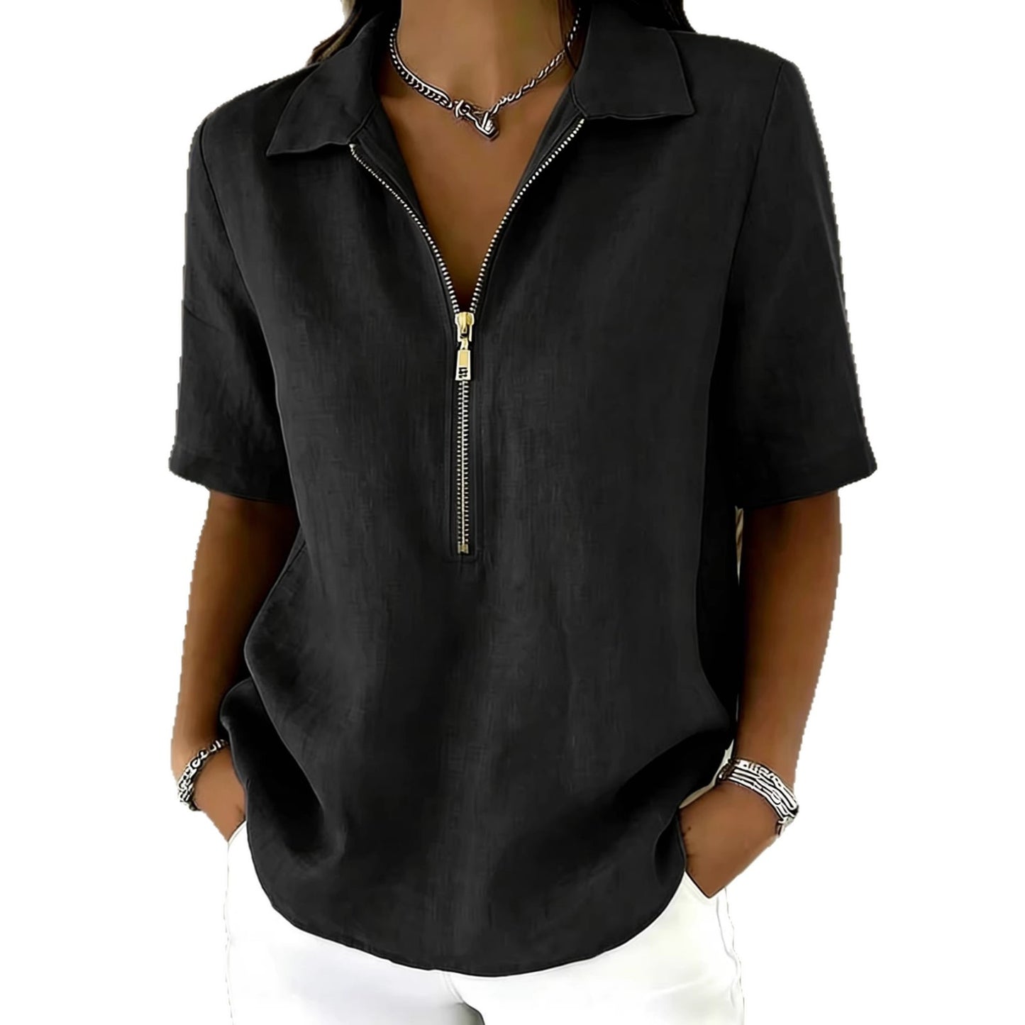 Solid-color Lapel-zip Mid-sleeve Womens Blouse