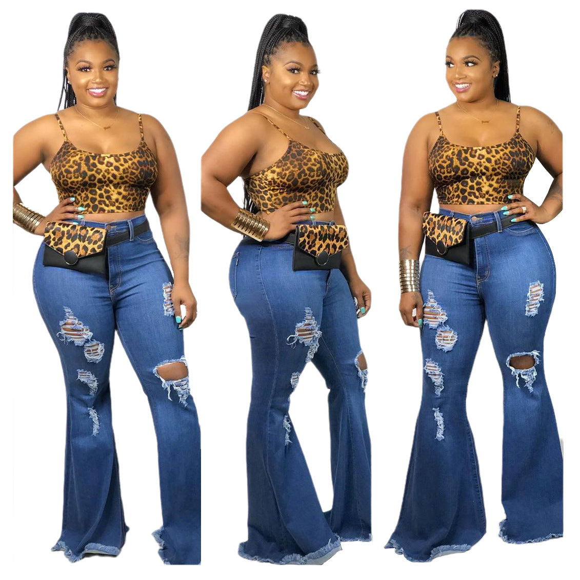 Knee-Ripped Stretch Jeans For Women