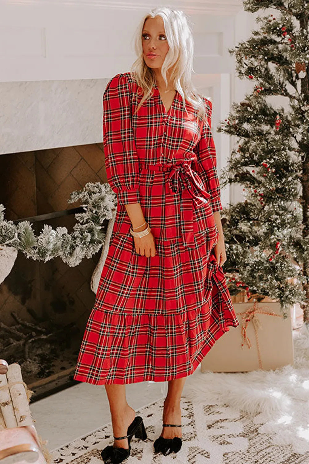 Red Plaid V-Neck Dress