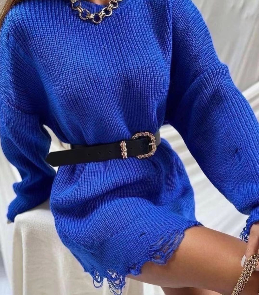 Round-Neck Long-Sleeve Burrs Loose Knitted Pullover Sweater Dress