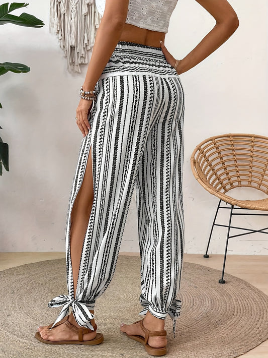 Striped High-Waist Side-Split Knot Trousers