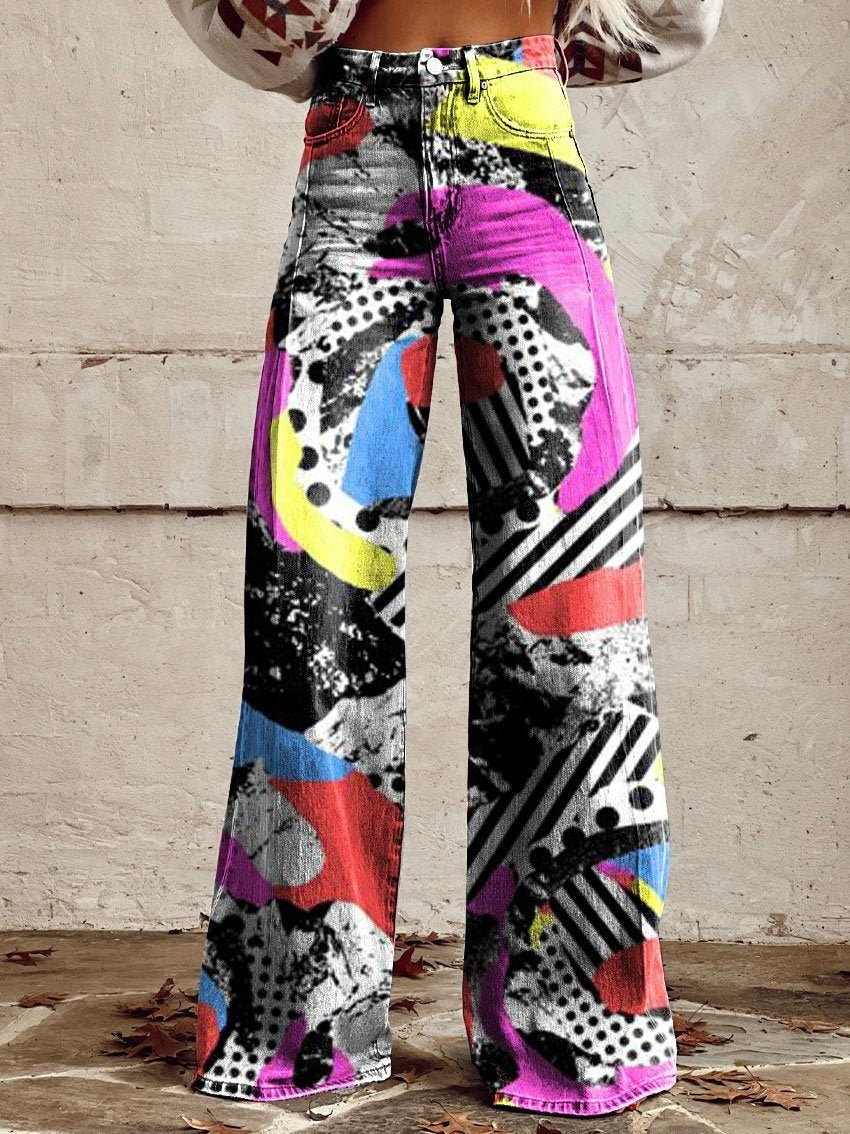 Women's 3D Printed Denim Wide-Leg Pants