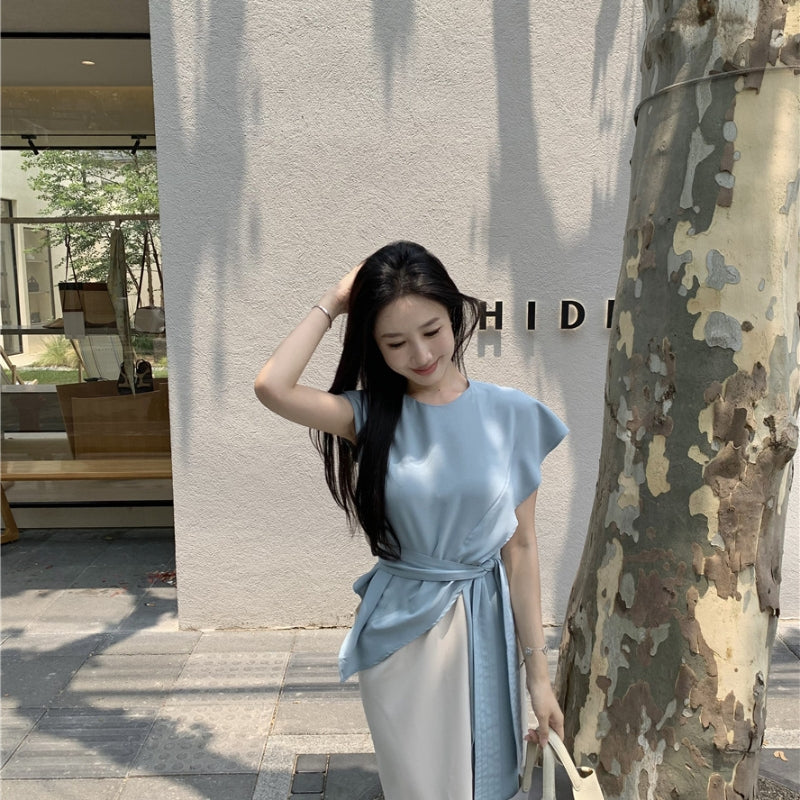 Gentle-Design Two-Piece Patchwork Cinched Tie Slim-Fit Dress
