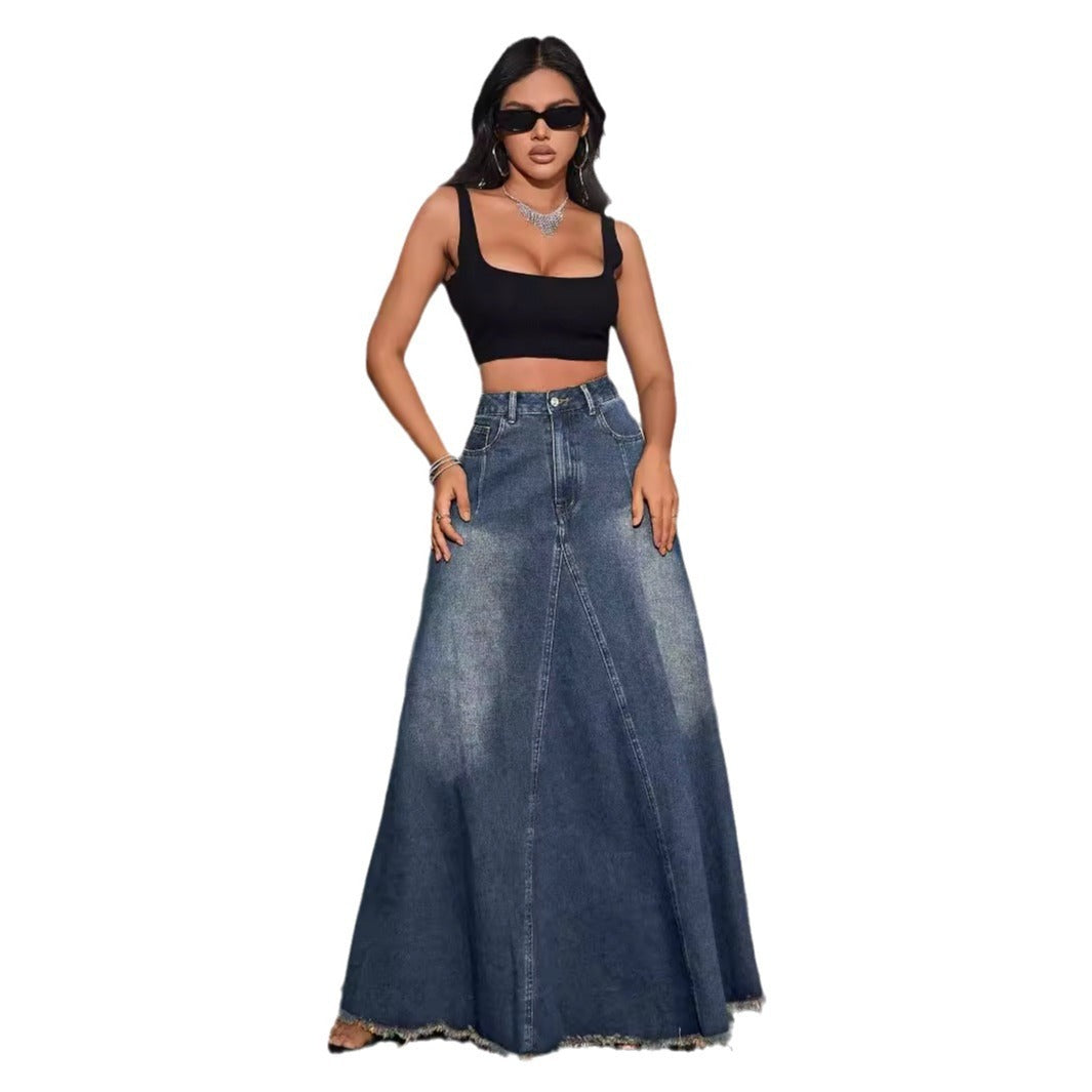 Retro Washed All-Matching Long Denim Skirt