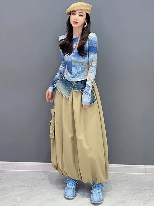 Big Pockets Denim Patchwork Long Skirt