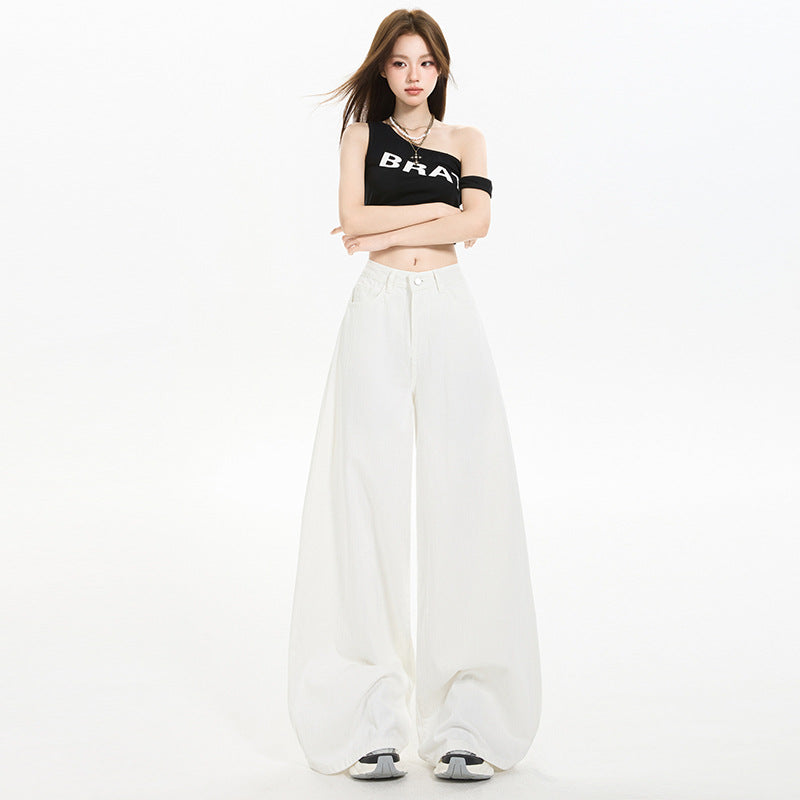 High-Waist White Denim Wide-Leg Pants