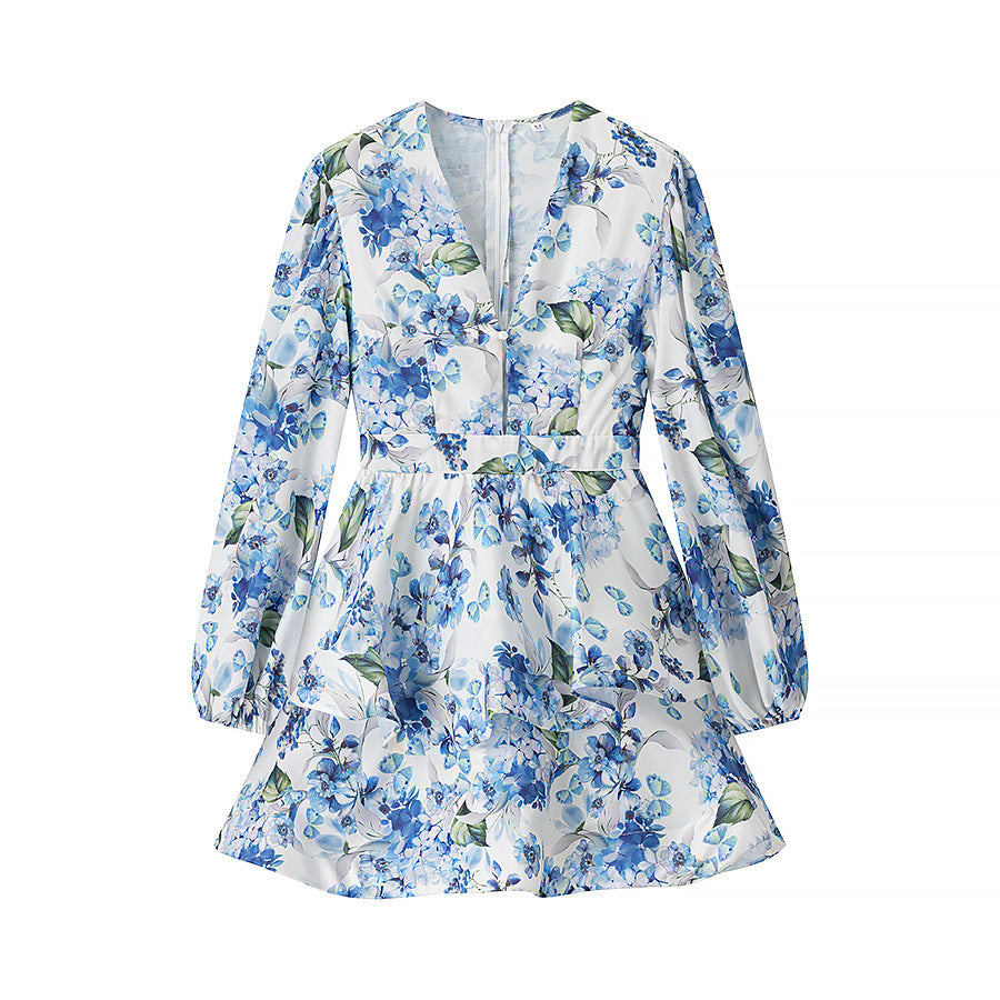 Printed V-Neck Lantern-Sleeve Short Dress