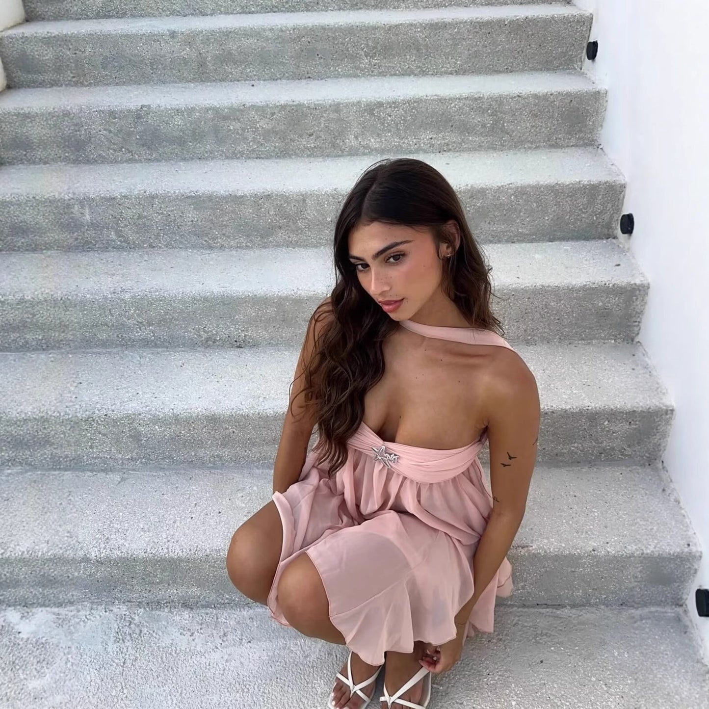 Backless Lace Short Floral Print Dress
