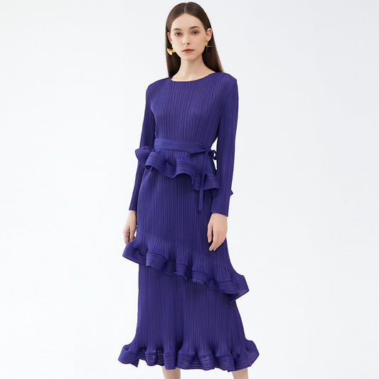 Ruffled Long-Sleeve Lace-Up Midi Dress