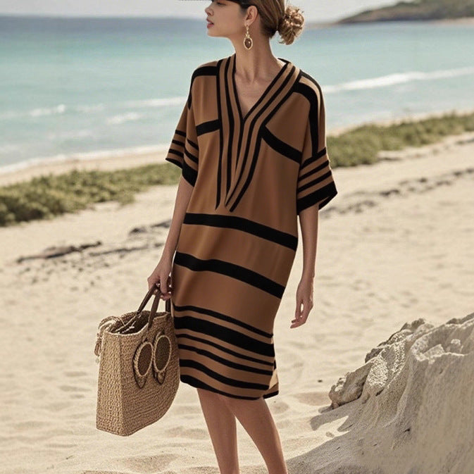 Digital Printing Striped V-Neck Dress