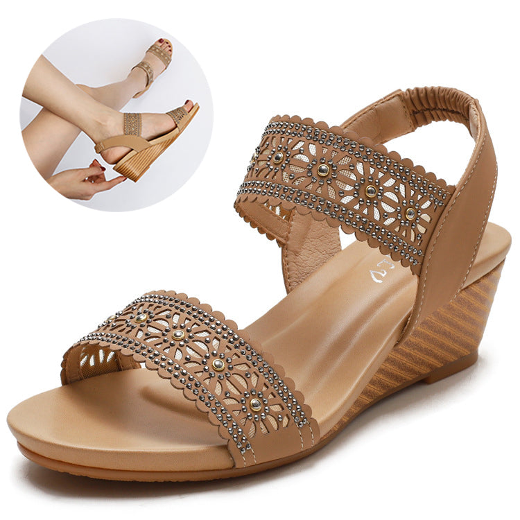 Women's Flower Hollow-Out Sandals With Rhinestones Wedges