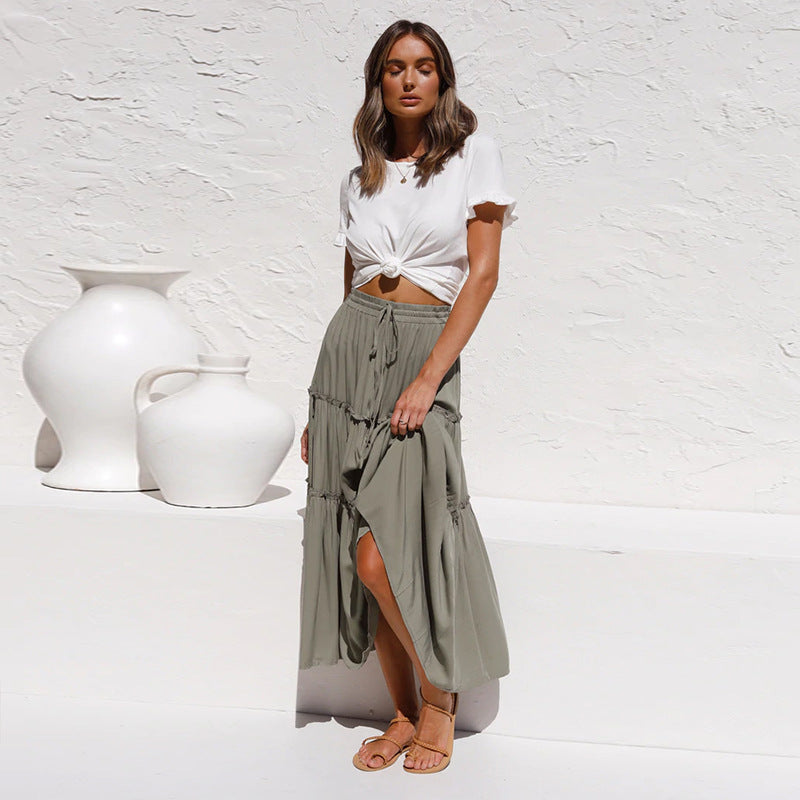 Pure Color Simple Pleated Irregular Skirt