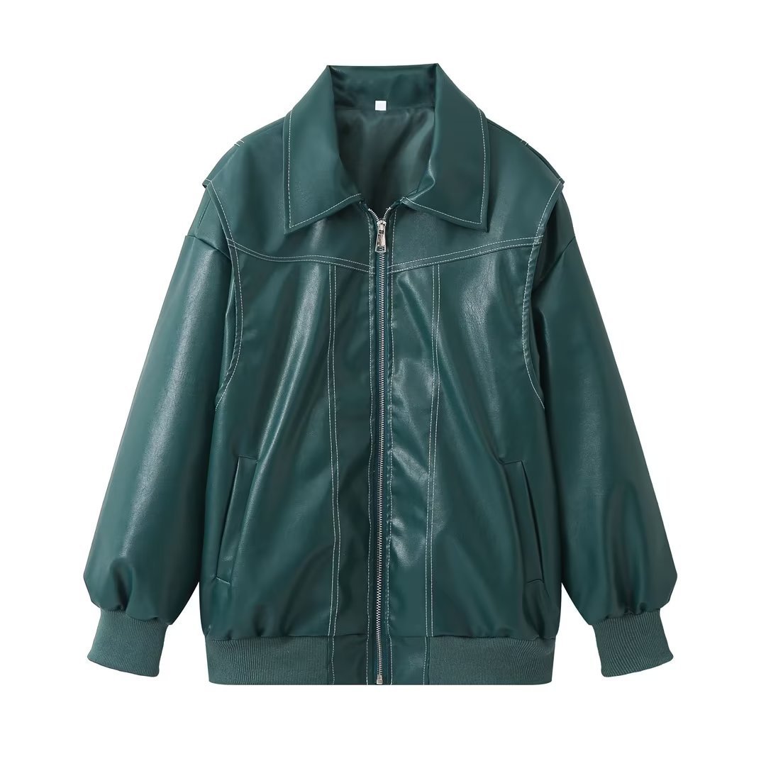 Loose Lapel Zip-Up Leather Jacket