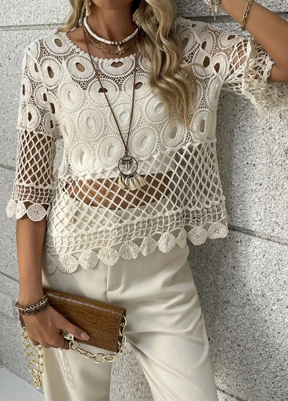 Resort-Style Sun-Protective Crochet Hollow-Out Crew-Neck Half-Sleeve Top