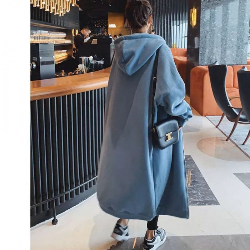 Loose-Fitting Plus-Size Pullover Hooded Fleece-Lined Thickened Long-Section Zipper Hong Kong Style Cardigan Dress