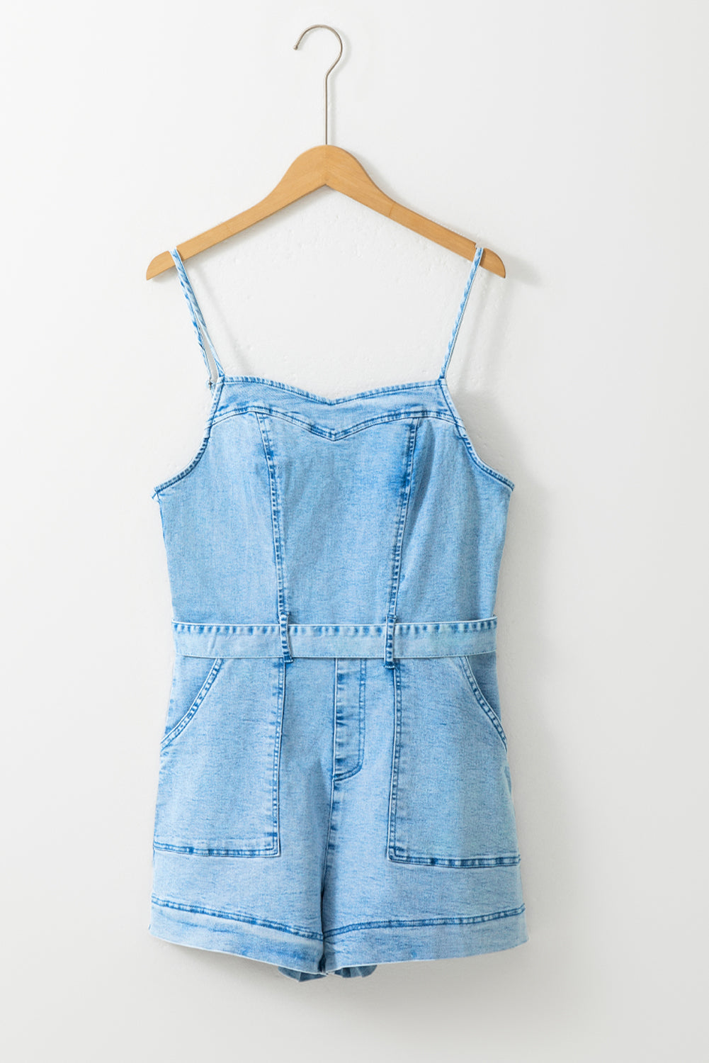 Beau Blue Spaghetti-Straps Belted Denim Romper