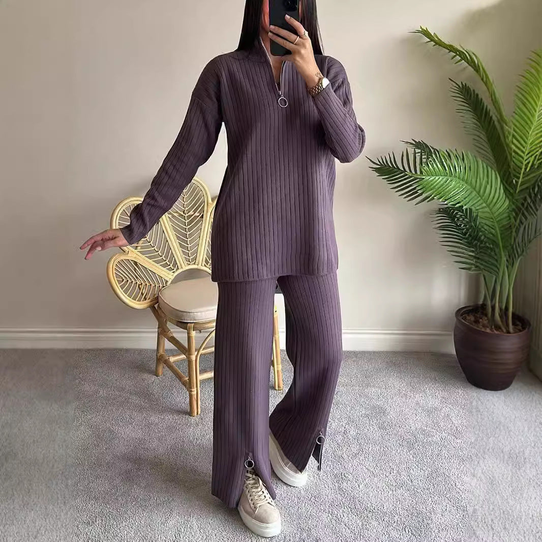 Zipper Knitting Long Trousers Outfit