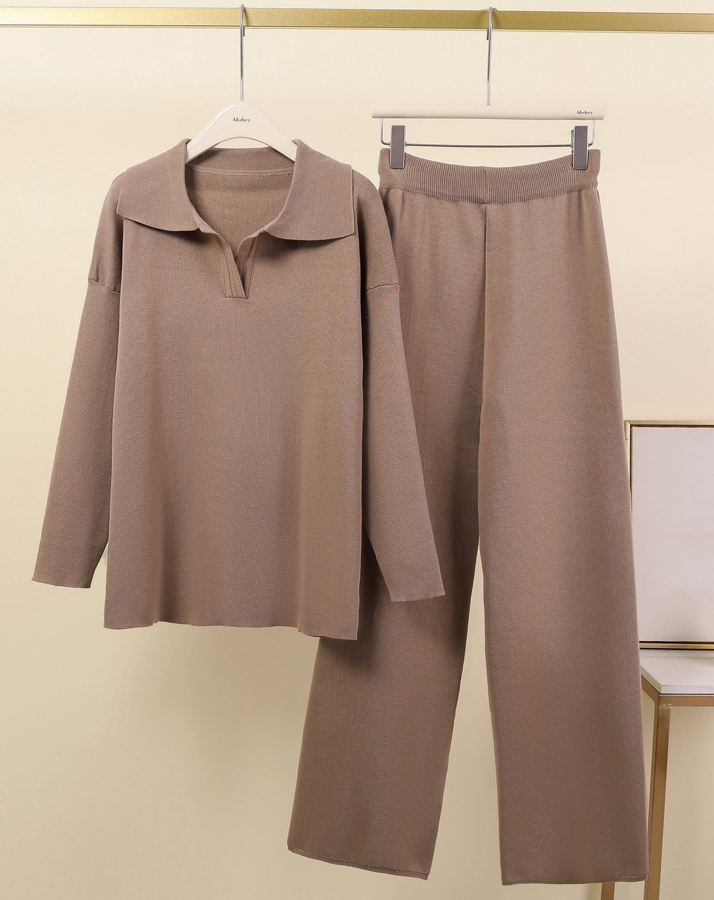In Stock Springsummer Knit Polo-neck Long-sleeve Pullover And Trousers Two-piece Set
