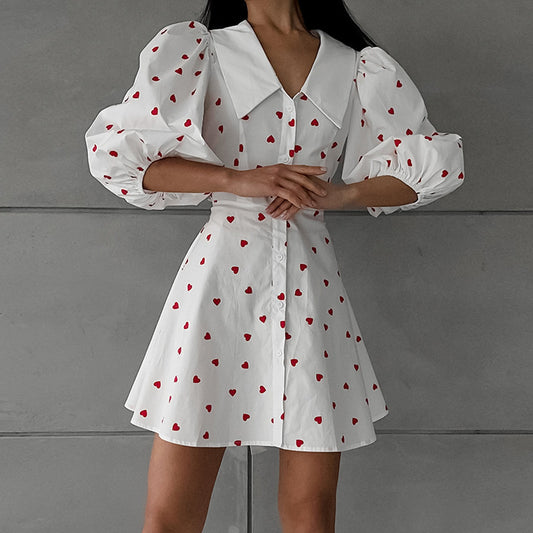 Cotton & Linen Puff-Sleeve High-Waist Short Dress