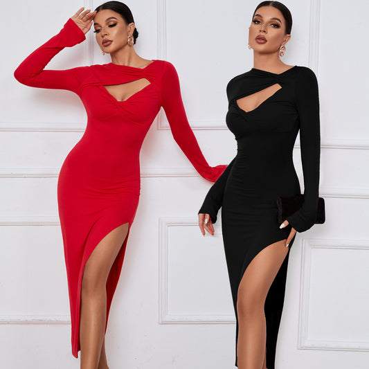 Hollow-Out Slit Long-Sleeve Dress