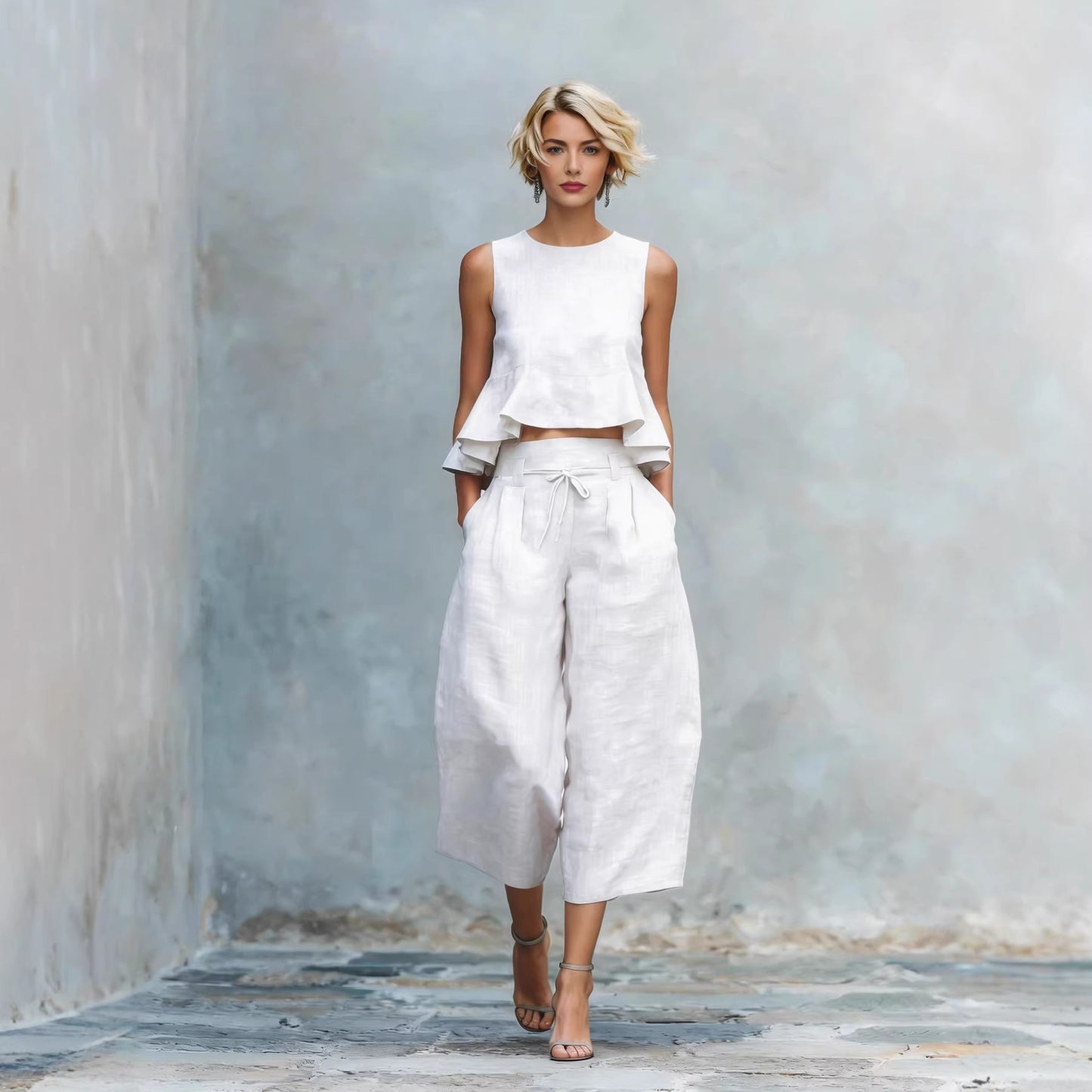 Womens Linen-blend Two-piece Set With Ruffled Detailing