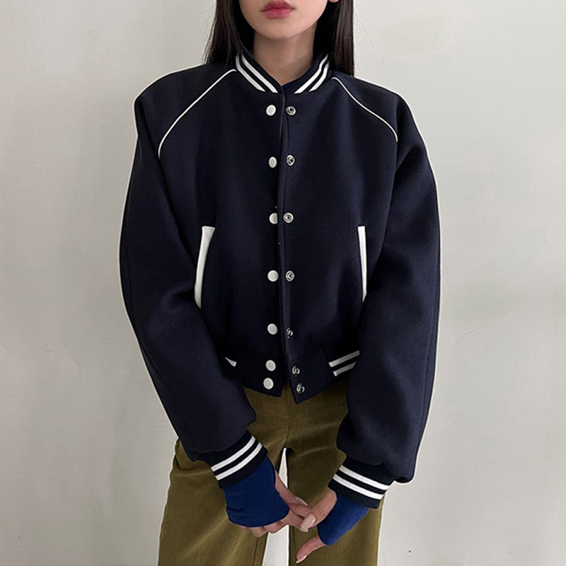 Retro American College-Style Colour Contrast Patchwork Stand-Collar Baseball Jacket