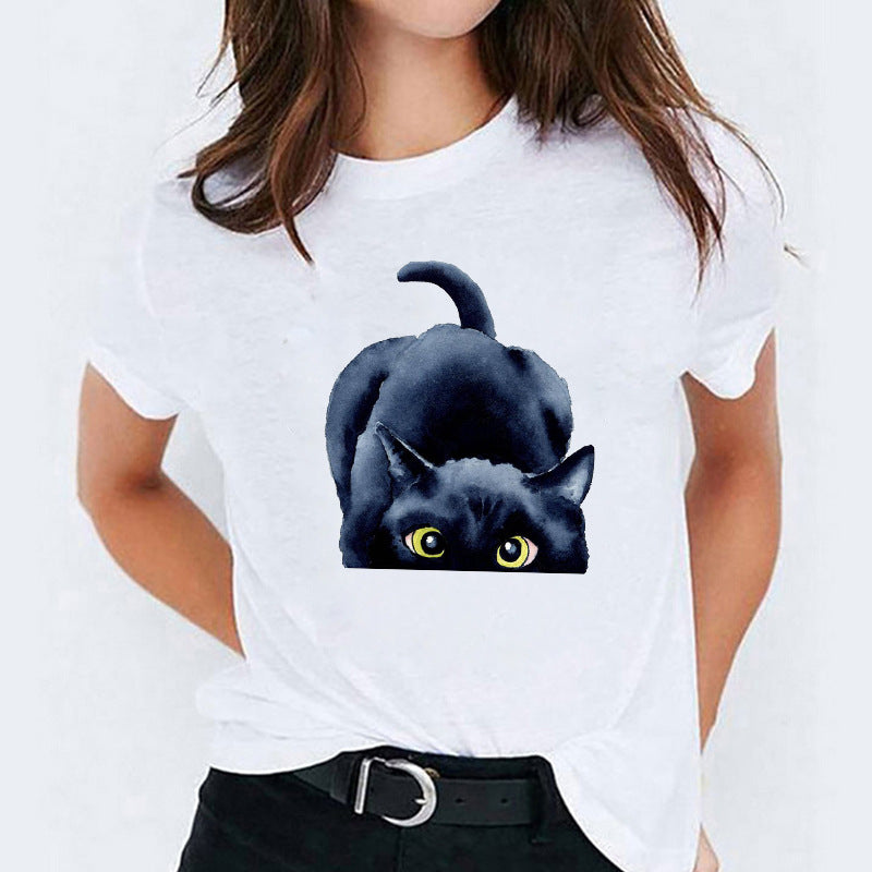 Cat Flamingo Round-Neck Print Short-Sleeve T-Shirt Short For Women