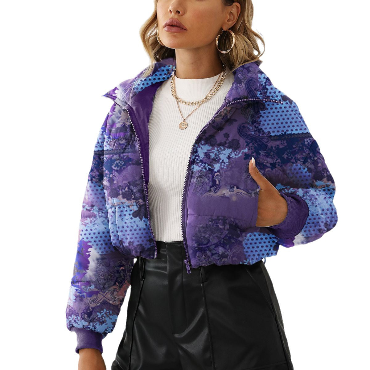 Fashion Bread Print Stand-Collar Short Coat