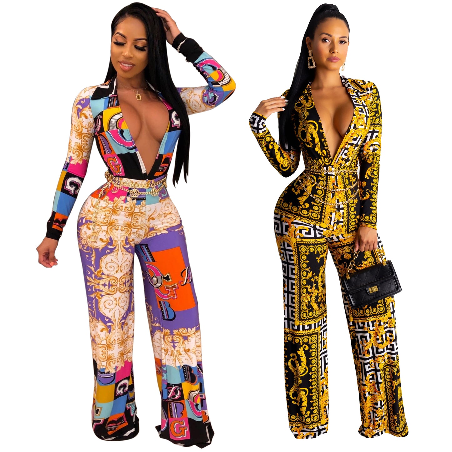 Digital Printing Long-Sleeve V-Neck Jumpsuit