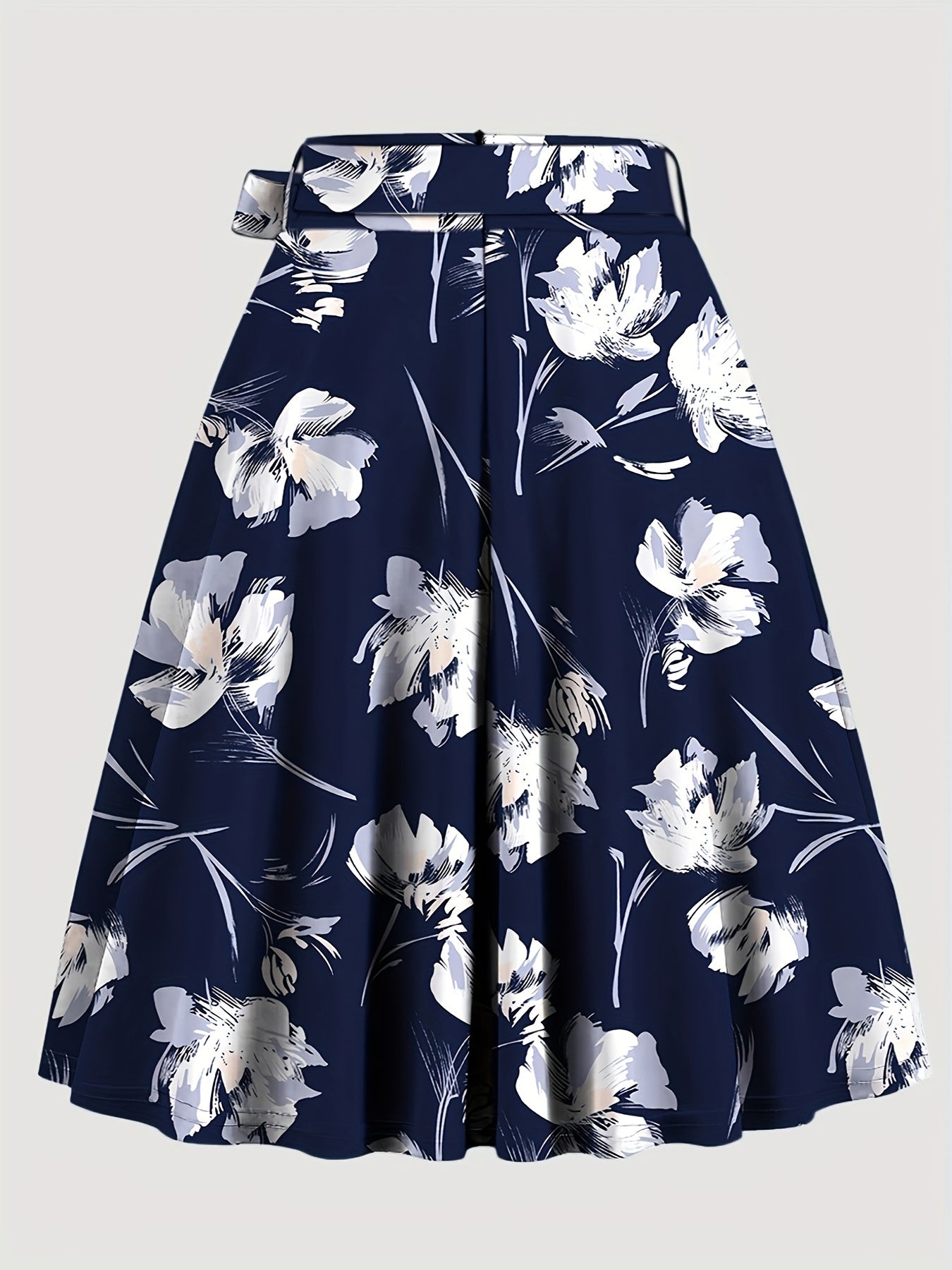 Elegant Belt Floral Midi Skirt