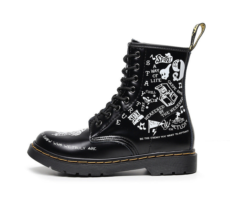 Hard-Leather Skull Graffiti Leather Boots