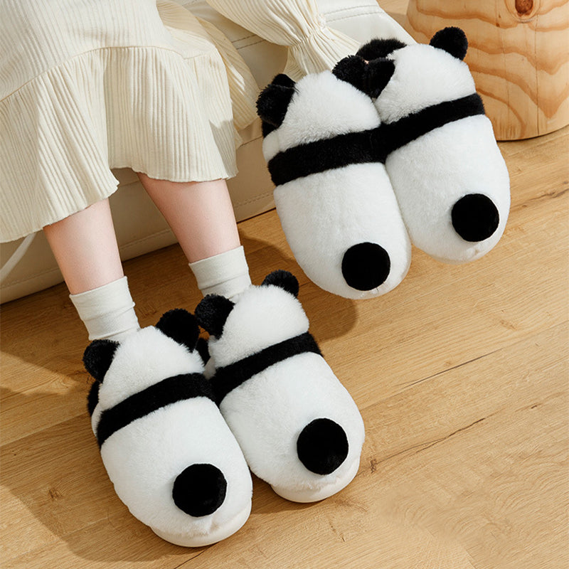 Plush Panda Slippers Warm Cartoon Shoes For Women - Thick-Sole Footwear Non-Slip Fluffy Slides