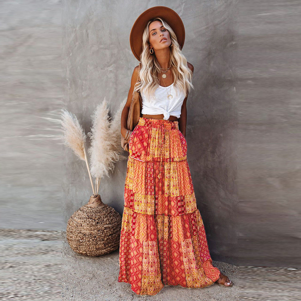 Bohemian-Style Loose Casual High-Waist Long Skirt