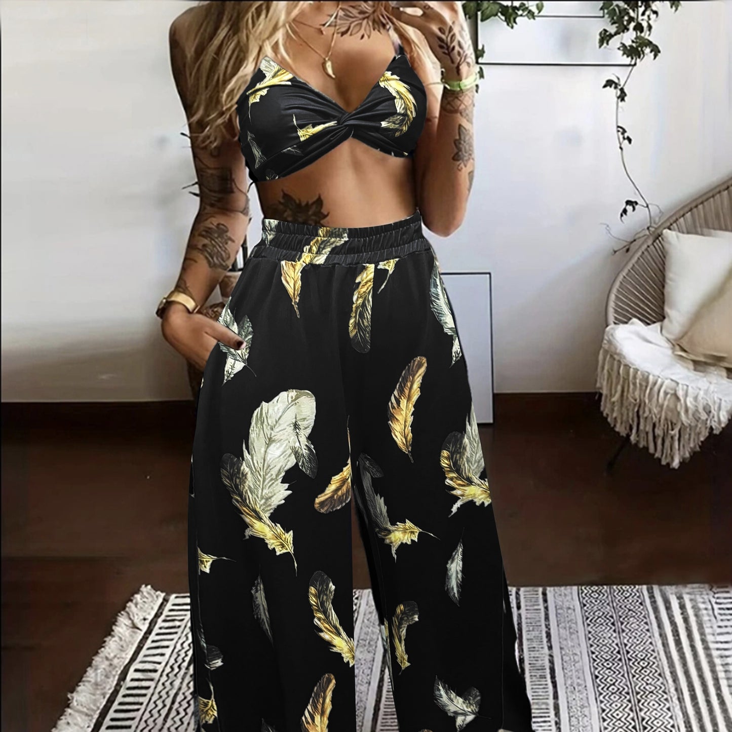 High-Waist Drawstring Floral Outfit - US Only