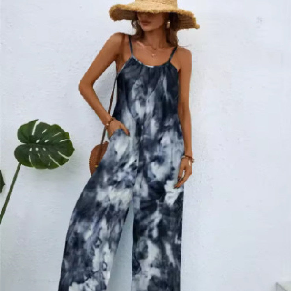 Printed Suspender Long Pants Jumpsuit
