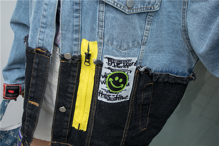 Personality Stitching Graffiti Patch Denim Loose Jacket Women
